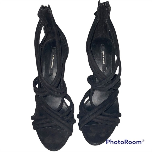ZARA Black Velvet Stiletto Strappy 4in Heels Shoes - Picture 3 of 4